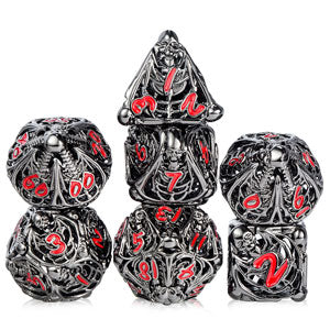 Skeleton Gunmetal & Red 7 Piece Dice Set