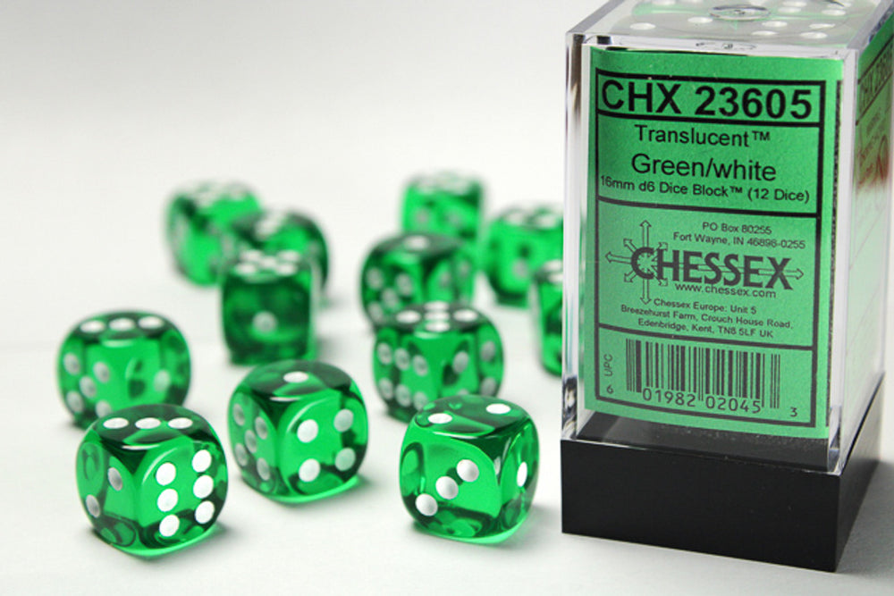 CHX 23605 (12 Translucent Green/white 16mm d6 Dice Block)