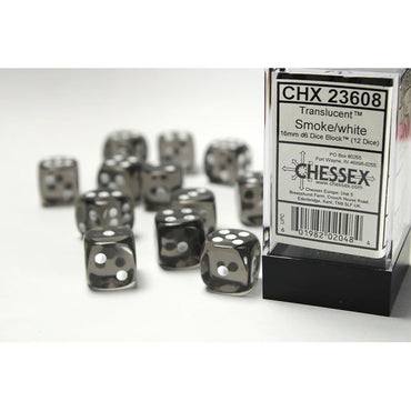 CHX 23608 (12 Translucent Smoke/white 16mm d6 Dice Block)
