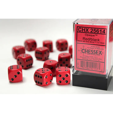 CHX 25614 (12 Red/black Opaque 16mm d6 Dice Block)