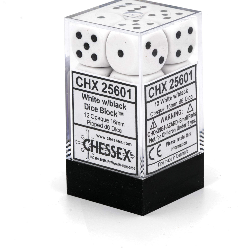 CHX 25601 (12 White/black Opaque 16mm d6 Dice Block)