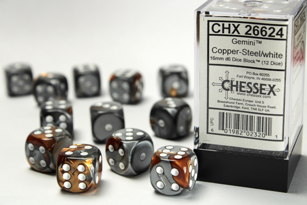 CHX 26624 (12 Copper-Steel/white 16mm d6 Dice Block)