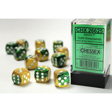 CHX 26625 (12 Gold-Green/white 16mm d6 Dice Block)