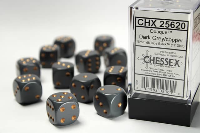 CHX 25820 (12 Dark Grey/copper Opaque 16mm d6 Dice Block)