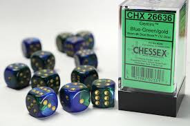 CHX 26636 (12 Gemini Blue-Green/gold 16mm d6 Dice Block)