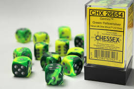 CHX 26654 (12 Gemini Green-Yellow/silver 16mm d6 Dice Block)