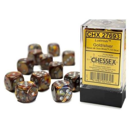 CHX 27693 Lustrous Gold/Silver 16mm d6 Dice Block (12 Dice)