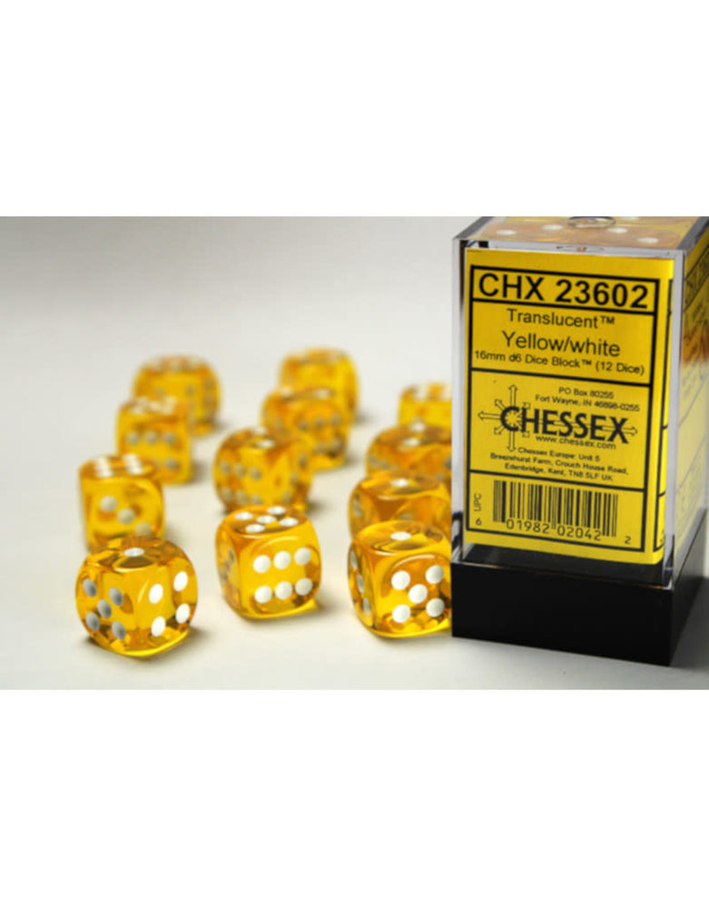 CHX 23602 (12 Translucent Yellow/white 16mm d6 Dice Block)