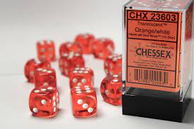 CHX 23603 (12 Translucent Orange/white 16mm d6 Dice Block)