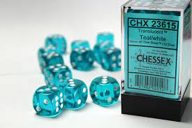 CHX 23615 (12 Translucent Teal/white 16mm d6 Dice Block)