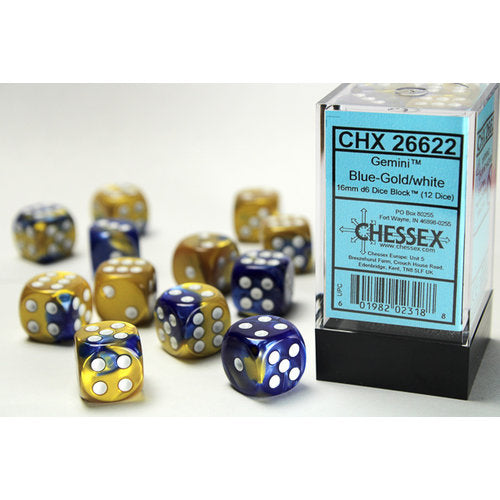 CHX 26622 (12 Blue-Gold/white 16mm d6 Dice Block)