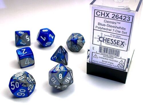 CHX 26423 (Gemini Blue-Steel/White polyhedral 7-die set)